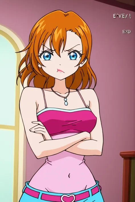 winx , 1girl, anime screen cap, kousaka honoka, upper body, pink tube top, spaghetti straps,necklace,wide hip , lipstick, pouting , covered navel , lowleg,belt,(covered nipples:0.8), indoors , looking at viewer , crossed arms 