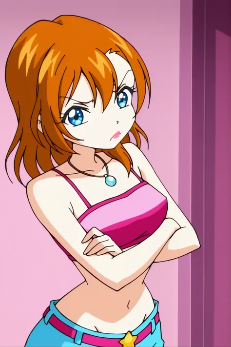 winx , 1girl, anime screen cap, kousaka honoka, upper body, pink tube top, spaghetti straps,necklace,wide hip , lipstick, pouting , lowleg,belt,(covered nipples:0.8), indoors , looking at viewer , crossed arms 