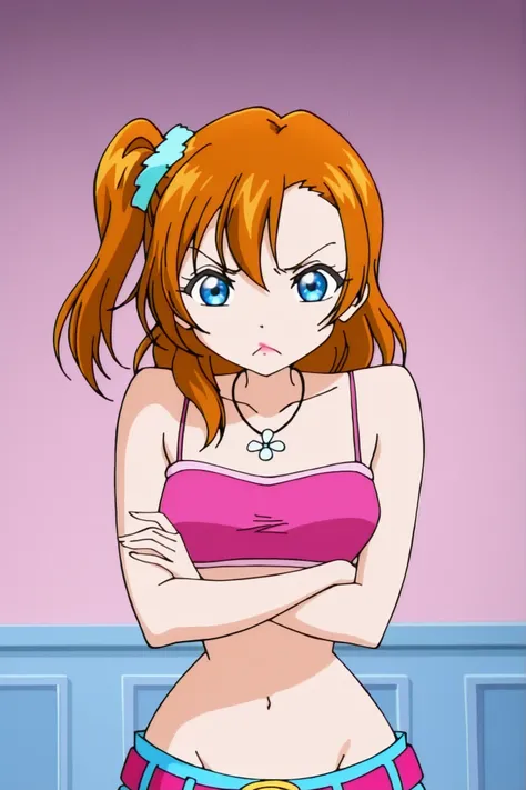 winx , 1girl, anime screen cap, kousaka honoka, upper body, pink tube top, spaghetti straps,necklace,wide hip , lipstick, pouting , lowleg,belt,(covered nipples:0.8), indoors , looking at viewer , crossed arms ,big naval, naval focus 