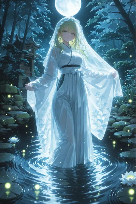 atnr, masterpiece, best quality, ultra detailed, highres, japanese fantasy, ethereal atmosphere, cinematic composition, a shrine maiden performing a dance on a pond covered with water lilies under the full moon, she spreads her arms wide, twisting her uppe...