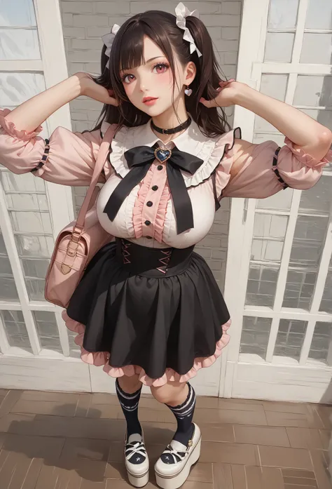 ((inspired by )),((inspired by Animation Style:1.5)),(masterpiece, best quality),beautiful, beautiful-woman, ((detailed face)).(full body:1.3).,
,
,
((The woman is wearing jirai-kei fashion)),pink frilled shirt with short puff sleeves, black neck ribbo...