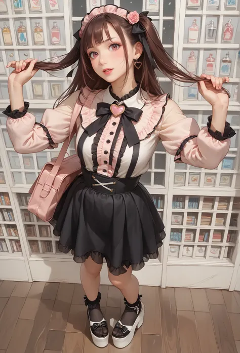 ((inspired by )),((inspired by Animation Style:1.5)),(masterpiece, best quality),beautiful, beautiful-woman, ((detailed face)).(full body:1.3).,
,
,
((The woman is wearing jirai-kei fashion)),pink frilled shirt with short puff sleeves, black neck ribbo...