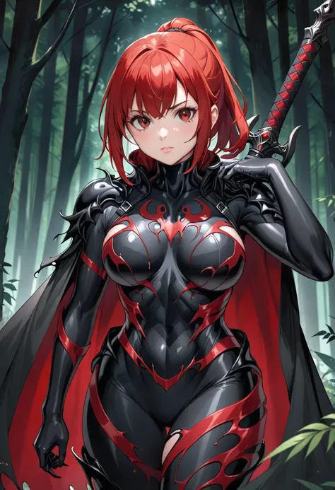 a young woman with brown eyes, short red hair tied in a ponytail, wearing black symbiote armor with red details, a half-torn black cape, a large black sword with a red eye on the hilt being held over her shoulders, in a forest.