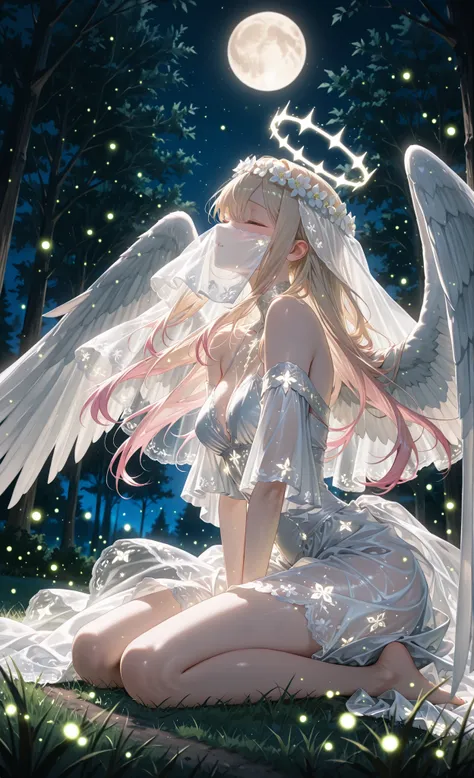 mouth veil, full face veil, (masterpiece, best quality, ultra-detailed), anime style, fantasy illustration, night scene, magical atmosphere,
1girl, sight from below, half-sideways profile, sitting on grass in park, one hand between legs, (knee-bent pose)...