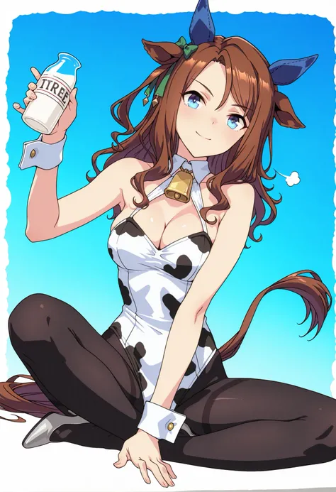 1girl, (solo:1.3), King Halo (Umamusume), sigh, smile:1.3,
medium-length brown hair with silky texture, softly curved ends, gentle shine,
(horse ears:1.4), cow ears, (small curved cow horns:1.3), cow tail,
(emerald blue eyes:1.3), refined and confide...
