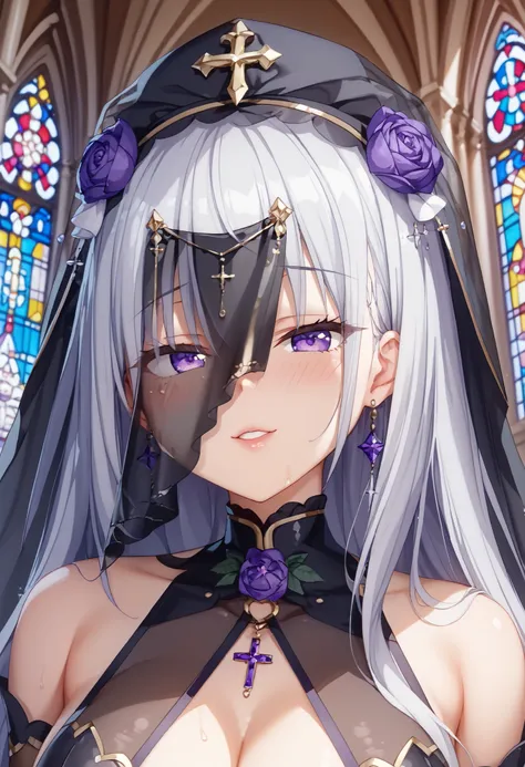 (((SFW、Highest quality、A first-class masterpiece、normal body 、32K、detailed face、Ultra High Accuracy、Normal hand、Highest)))、『DEEP ONE』、Erika_Lluvia/Erica Liubia、Beautiful girl、 Silver Hair、straight long hair、Purple Eyes、Mourning Suit、Wearing a black veil、fa...