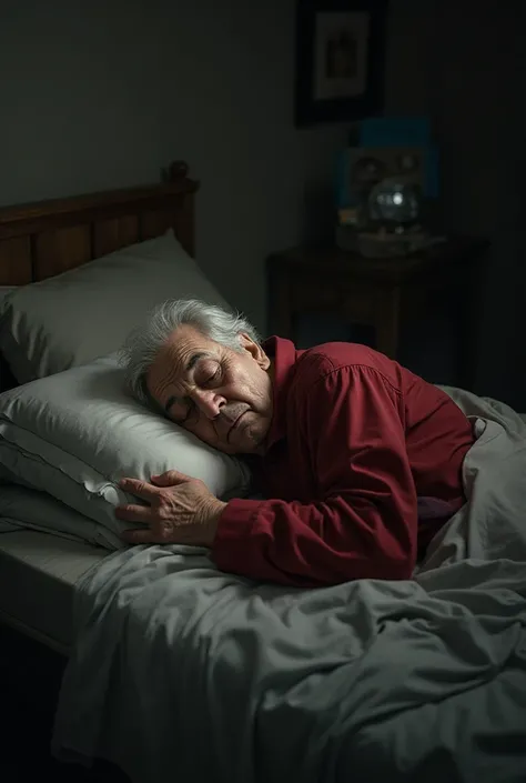 One picture is sleeping on the bed wearing a red shirt and I was old