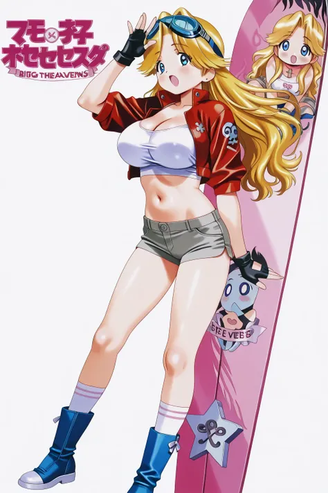 Marissa、1 girl who breaks the heavens、blond hair、long hair、blue eyes、big breasts、adults、WHITE CROP TOP、Blue Goggles on Her Head、red cropped jacket、fingerless gloves、grey shorts、thigh high socks、Blue Boots、Retro Art Style、 