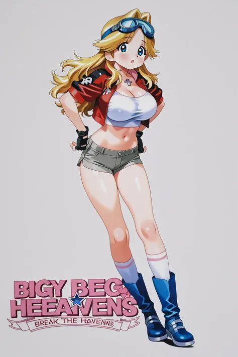 Marissa、1 girl who breaks the heavens、blond hair、long hair、blue eyes、big breasts、adults、WHITE CROP TOP、Blue Goggles on Her Head、red cropped jacket、fingerless gloves、grey shorts、thigh high socks、Blue Boots、Retro Art Style、 