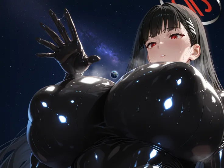 (masterpiece, Highest quality, Ultra-high resolution), 1girl, rio, black hair, red eyes, hair ornament, hairclip, halo, long hair, long hair, black latex bodysuit, cyber bodysuit, sweat, steamy, glossy skin , shiny skin , glistening skin, Macro (huge brea...