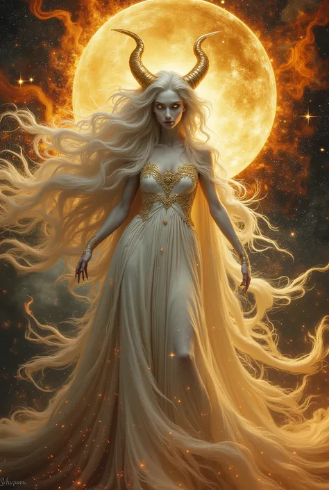 best, highest quality, ultra high resolution, masterpiece, hyperreal impressionistic full portrait done in a surreal dark fantasy style, what appears to be a gorgeous 20 year old albino vixen is something cosmic that towers over planets in its true form, a...
