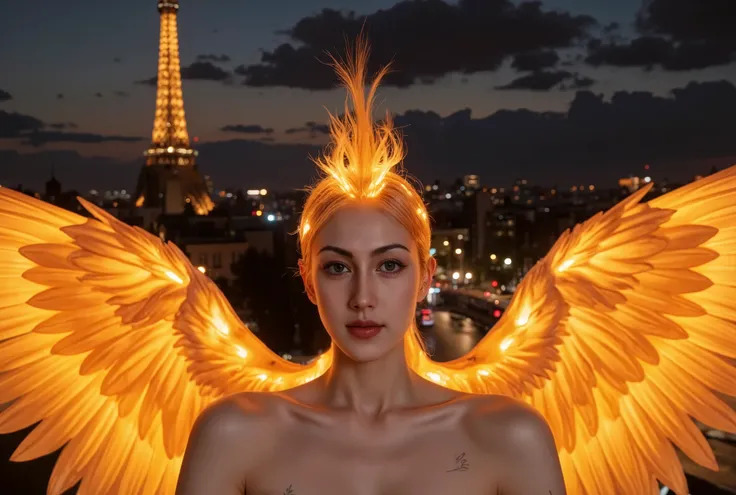 Potrait lower photoshot half body of a woman with a red bird on her head and wings, phoenix rising from the ashes, phoenix rising, phoenix-inspired, she has the head of a phoenix, phoenix in light orange fire, with fiery orange wings, with fiery golden win...