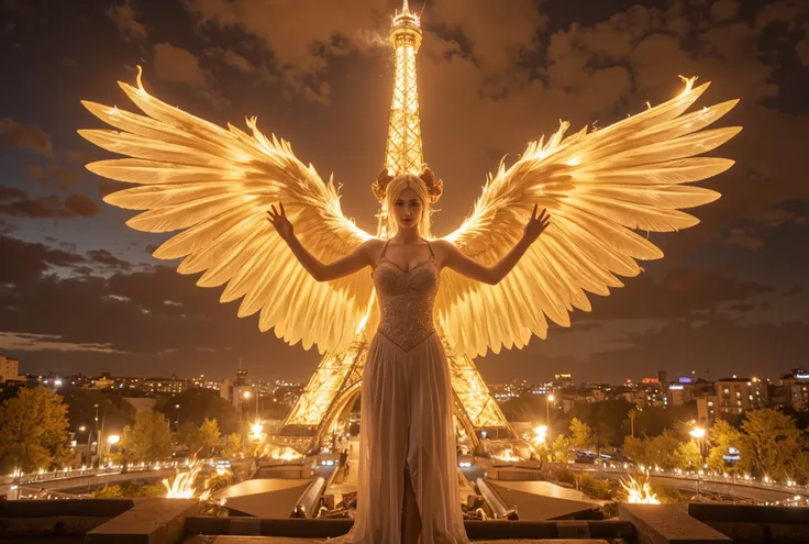 a woman with a red bird on her head and wings, phoenix rising from the ashes, phoenix rising, phoenix-inspired, she has the head of a phoenix, phoenix in fire, with fiery golden wings, with fiery golden wings of flame, glowing in the dark, artwork of a pho...