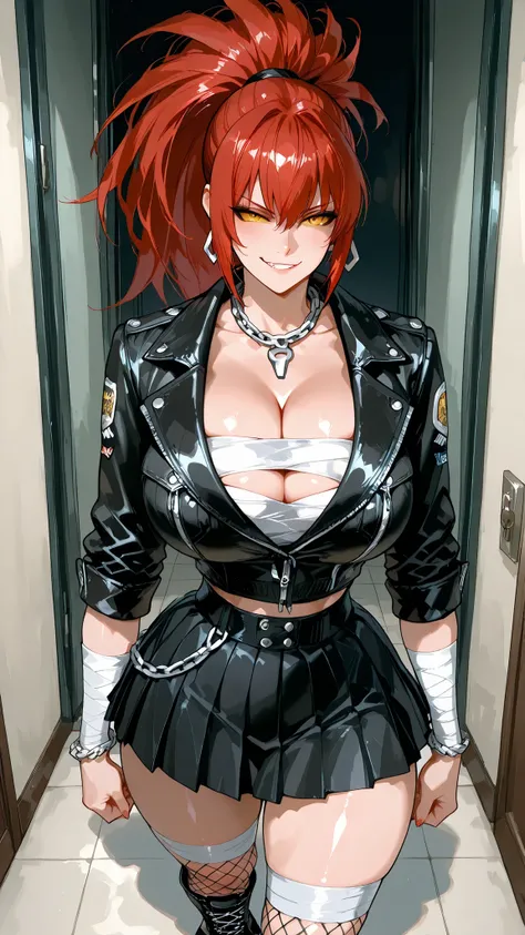 solo, LNHDRNKOF, red hair, big hair, long hair, ponytail, (Eyes twisted by dark corruption, where pupils once were, now only a sickly, solid yellow retina and sclera), indoor, smirk, indoor, evil, corruption, mature woman, Tight waist、Small waist、shiny Ski...