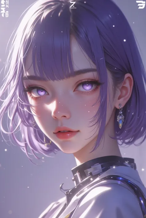 realistic, (1girl:1.5), upper body view, eyes focus, day time, masterpiece, full body view, silent atmosphere, (light backgroud:1.7), strict expression, perfect face, detailed face, short purple hairs, detailed eyes, light purple eyes, eyes with lots of st...