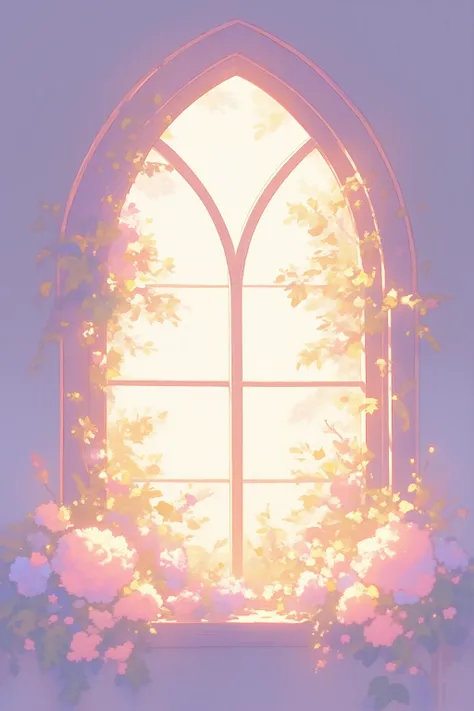 A pastel-colored, painterly church window scene with a large arched stain glass window,sunlight, showcasing a profusion of light pink, peach, and mauve flowers cascading down the windowsill and surrounding the frame, bathed in a soft, luminous light, in t...