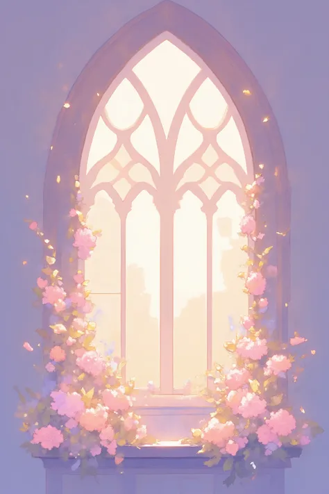 A pastel-colored, painterly church window scene with a large arched stain glass window,sunlight, showcasing a profusion of light pink, peach, and mauve flowers cascading down the windowsill and surrounding the frame, bathed in a soft, luminous light, in t...