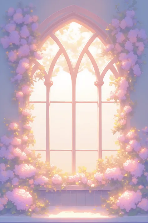 A pastel-colored, painterly church window scene with a large arched stain glass window,sunlight, showcasing a profusion of light pink, peach, and mauve flowers cascading down the windowsill and surrounding the frame, bathed in a soft, luminous light, in t...