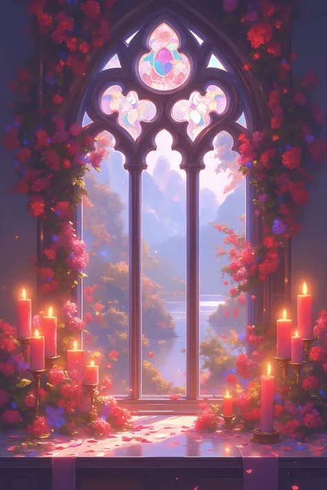 A romantic, detailed digital painting of a gothic window with stained-glass red and dark blossoms, adorned with numerous lit red candles in antique-gold candle holders, reflecting on a polished surface, with softly falling flower petals and a serene mount...