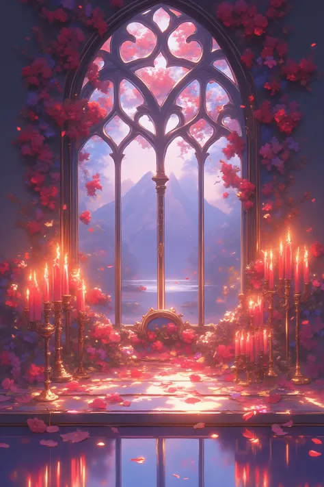 A romantic, detailed digital painting of a gothic window with stained-glass red and dark blossoms, adorned with numerous lit red candles in antique-gold candle holders, reflecting on a polished surface, with softly falling flower petals and a serene mount...