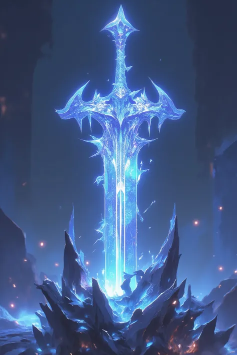 [[a frozen electroluminescent fantasy sword stuck in a stone, neon light, neo-tribal art, intricate details, digital enhancing, bokeh