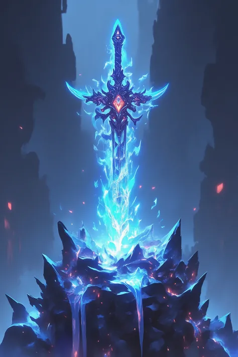 [[a frozen electroluminescent fantasy sword stuck in a stone, neon light, neo-tribal art, intricate details, digital enhancing, bokeh