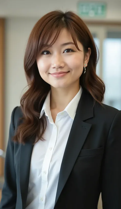 Neat Young Woman、looking at the camera、office lady suit、jacket、shirt、ear piercings、、 hairstyle semi-long、Smile slightly、smile with her mouth closed、face close-up、The background is office