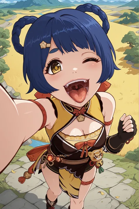 xiangling, xiangling (genshin impact), blue hair, braid, braided hair rings, hair ornament, hair rings, hairclip, yellow eyes, mature female, small breasts, arm strap, bare shoulders, bell, belt, black footwear, black gloves, boots, brown belt, cleavage, c...