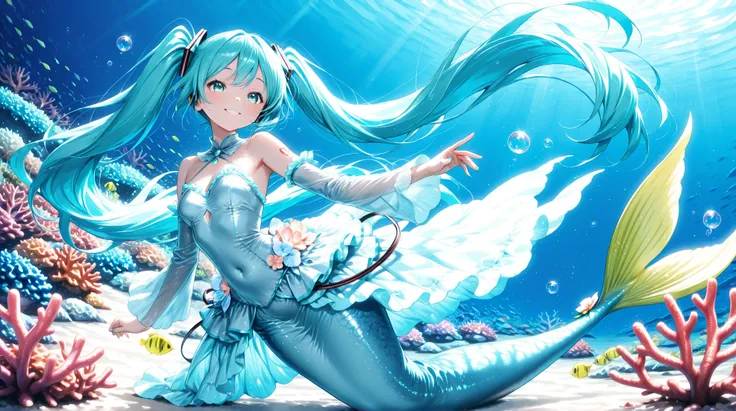 Hatsune Miku transformed into a mermaid、透明な海中で優雅に   dance、long light blue twin tails、Sparkling green fish tails、The upper body is designed so that traditional Hatsune Miku costumes can be arranged、floating hair、small tropical fish and bubbles around them、b...