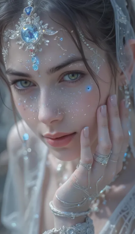 A mesmerizingly enchanting enchanter gazes out, with eyes that seem to draw you in. This composite photograph captures a surreal blend of fantasy and reality. The enchanter is adorned in luxurious, shimmering robes that seem to shift in color with each pas...
