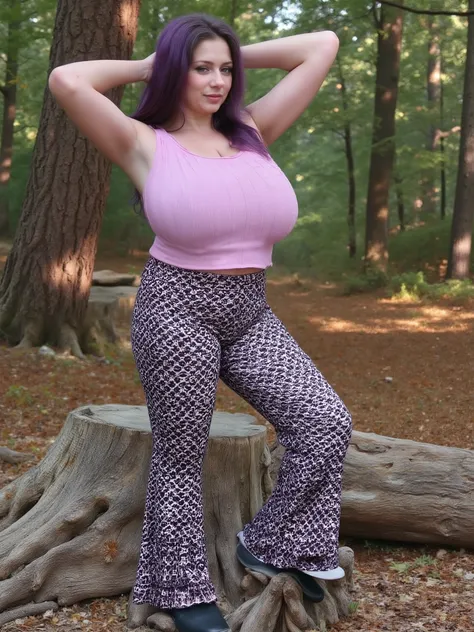 Ultra-realistic analog-style cinematic photo of a woman with long purple hair stretching with her arms raised above her head, standing on a large weathered tree stump in a serene forest during autumn. She wears a ribbed pink tank top and patterned high-wai...