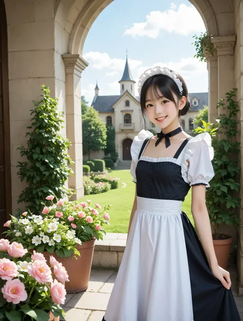 (1人のかわいいyounger日本人の女の子), maids, is watering flowers outside the mansion, black lace stockings, viewers,(smile:0.58), (younger:0.95),(skinny:0.83),(big boobs:0.78),The girl looks at me and smiles faintly,From the side
