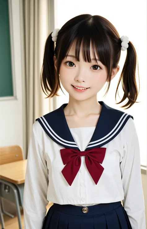 ( white skin:1.0),cute girl,かわいいyounger女の子,slender,short,skinny,Slender,thin body,toddler wearing top_body,younger,score_7_ up,score_8_ up,score_9,Realistic,school uniform,looking at a school classroom,small butts are not posing,small breasts,sunlight,japa...
