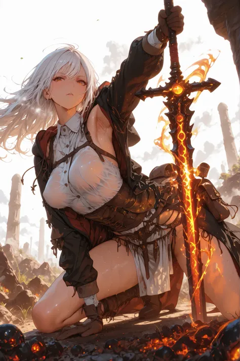 masterpiece, best quality, 8k, 1girl, fantasy character, all fours, legs apart, white dress shirt, backless outfit, lowleg, loincloth, (wind blows), glove, boots, curvy body, medium breasts, perky breasts, long coat with hoodie, long hairstyle, thin white ...