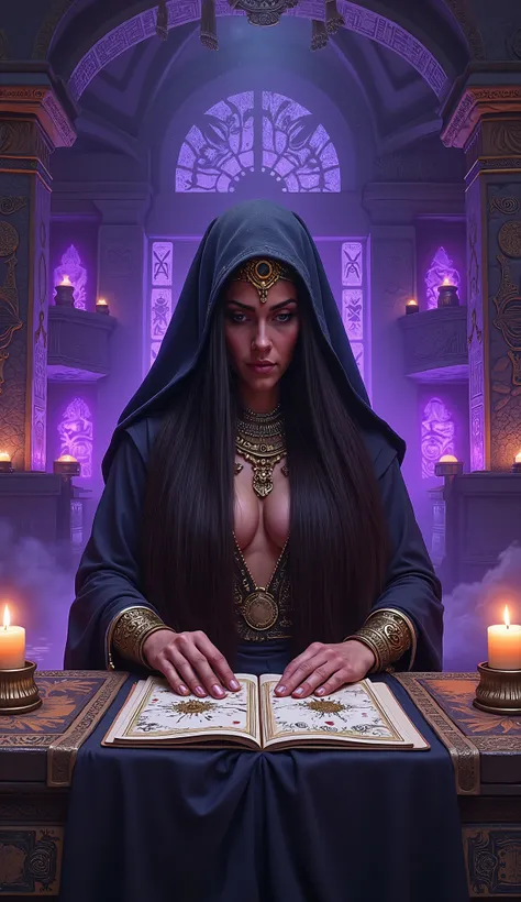 Wide front-facing view, beauty Egyptian-style old witch with long black hair partly covering her face, wearing golden headpiece and ornate robes, sitting in a black and purple underground chamber, reading tarot cards with Egyptian art, soft purple candleli...
