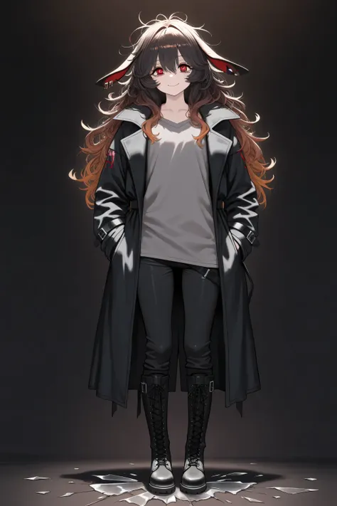 (masterpiece, Best Quality: 1.2), Ultra Detailed, HDR-10, (Soft Colors), (beautiful eyes, detailed eyes:1.2),1girl, mature, brown hair, long hair, black hair, gradient hair, red eyes, (Baggy eyes), smile, messy hair, Shiny hair, Medium height, Bunny ears, ...