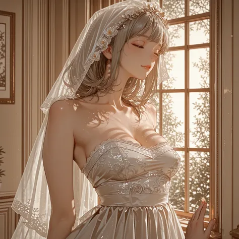 3DMM,mature female, milf, motherly,In an elegant room where the gentle light of the rising sun shines through the window、A young bride holding a thin white veil、She is spending a quiet time、transparent veil softly drapes on her shoulders、The elegant strapl...