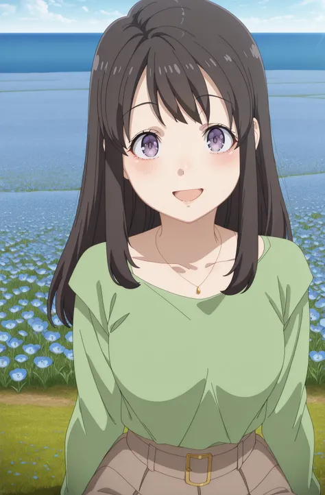 sitting, wariza,masterpiece, best quality, amazing quality,, uzuki hirokawa, long hair, black hair, purple eyes, sidelocks, bangs, mature female, small breasts, anime screencap, shirt, skirt, long sleeves, jewelry, collarbone, belt, necklace, brown skirt,...