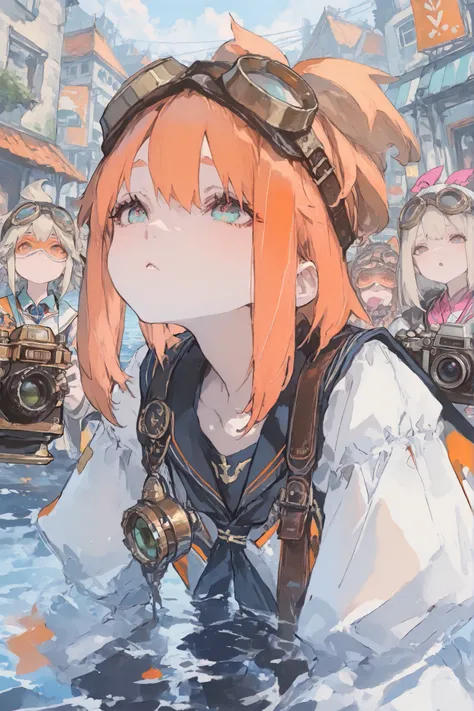 (masterpiece, Highest Quality), (very detailed, Highest Quality, OFFICIAL ART,  beautiful、Aesthetic: 1.3)  , 3 girls ,  face focus ,  face,  ,sailor , Fantasy taken with a Nikon Z7 II mirrorless camera , Water City , Around Town  ,Goggles on the Head, Fash...