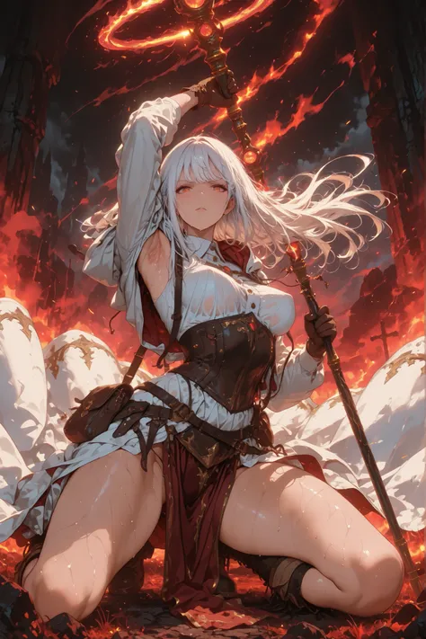 masterpiece, best quality, 8k, 1girl, fantasy character, on one knee, legs apart, white dress shirt, backless outfit, lowleg, loincloth, (wind blows), glove, boots, curvy body, medium breasts, perky breasts, long coat with hoodie, long hairstyle, thin whit...