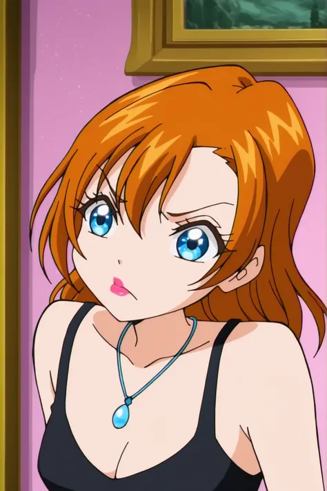 winx , 1girl, solo,anime screen cap, kousaka honoka, black tank top, necklace , lipstick, pouting , upper body, cleavage,