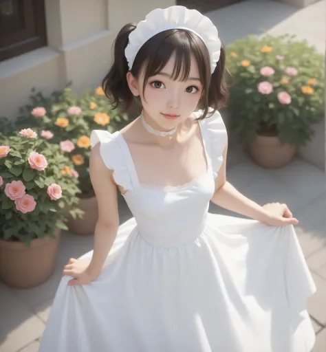 one girl、maids,Look at the audience,(skinny:1.47),(younger:0.75),from above,lean forward,(big boobs:0.40),is watering flowers outside the mansion,japanese,(Smile Yang:0.58),black lace stockings