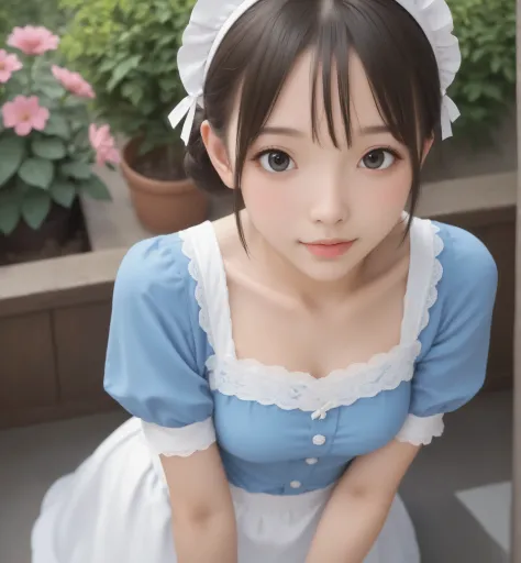 one girl、maids,Look at the audience,(skinny:1.47),(younger:0.75),from above,lean forward,(big boobs:0.40),is watering flowers outside the mansion,japanese,(Smile Yang:0.58),black lace stockings