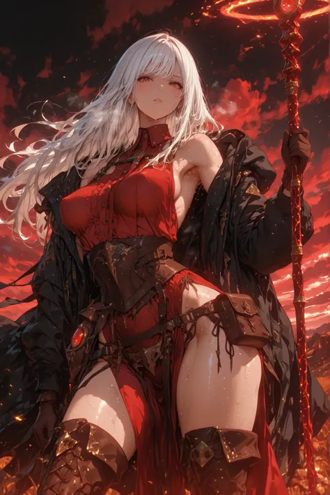 masterpiece, best quality, 8k, 1girl, fantasy character, standing, legs apart, contrapposto, red dress shirt, backless outfit, lowleg, loincloth, (wind blows), glove, boots, curvy body, medium breasts, perky breasts, long black coat with hoodie, long hairs...