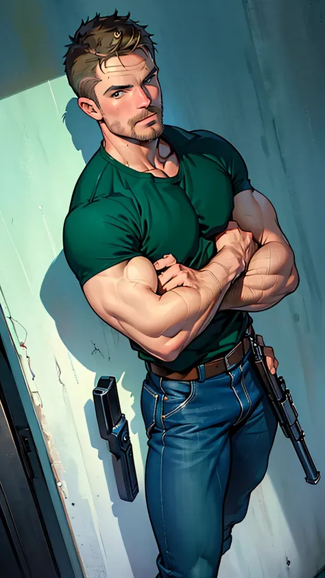 vpl,vpl,1 man, male focus solo,45 yo man, (((Stephen AMELL as private investigator))), lean muscle, open blue shirt, marine blue jeans with brown belt ,( bulge), full body shot, dark blond short hair, BLUE GREEN EYES , well groomed facial hair, (((( HANDS...