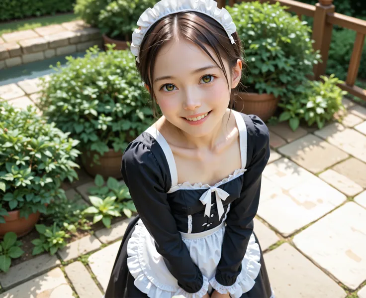(Biological Corpse Factory)、maids,Look at the audience,(skinny:1.04),(younger:0.97),from above,(medium breasted:0.62),に付けたblack lace stockings,lean forward,japanese,(smile Yang:0.84),black lace stockings,take off your clothes and show your breasts