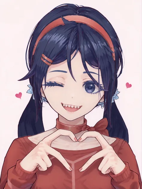 Mita from Miside, 1girl, side inclined head, red clothes, white background, one eye closed, maniac smile, sharp teeth, teeth together, yandere, looking at viewer, 4-finger heart hands, heart hands, side inclined head, side inclined head, fingers touching t...