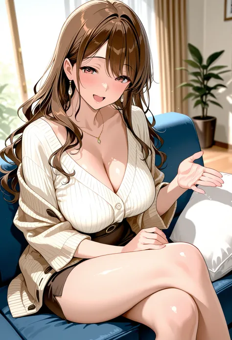 beautiful woman　30 years old　married woman　mature woman　Japanese woman　glamour　brown hair　loose wavy hair　Put your hands on the couch　living room　Cardigan　happy expression　open your mouth wide　Hand job pumping with a knee pillow