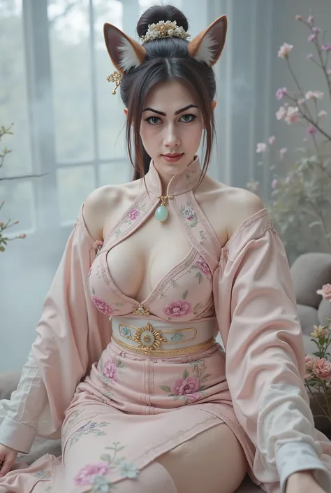 ((((Standing snapping refracts :1.5)))),shinano cosplay costume, cosplay, Thigh socks, heels, Viewing angle , part of the fox's tail , Multiple tails, Deep in the fantasy world, Her eyebrows become a painting , Foggy room ,The heroine's figure ...