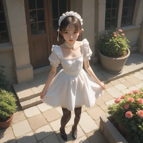 1 Girl Who Destroys the Heavens、maids,Look at the audience,(skinny:1.13),(younger:0.53),from above,lean forward,(big boobs:-0.22),is watering flowers outside the mansion,japanese,(smile Yang:0.08),black lace stockings